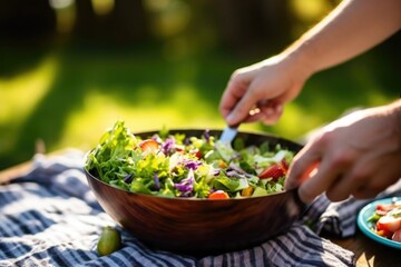 close-up of hand setting salad bowl onto picnic table