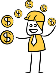 Doodle Engineer and Dollar Coins Illustration
