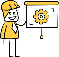 Doodle Engineer Presenting Gear on Whiteboard Illustration
