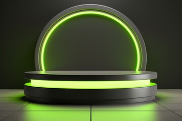 Neon Accents: Circular Gray Podium on Beige Surface