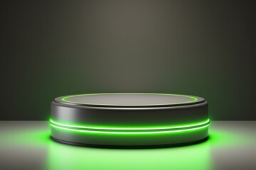 Gray Round Podium with Neon Green Lights on Beige Background