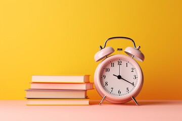 3D Rendering of Alarm Clock and Book on Yellow and Pink Background