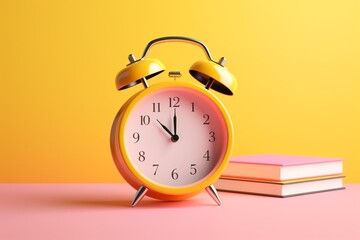 3D Rendering of Alarm Clock and Book on Yellow and Pink Background