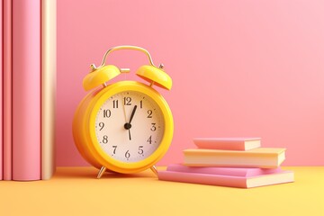 3D Rendering of Alarm Clock and Book on Yellow and Pink Background