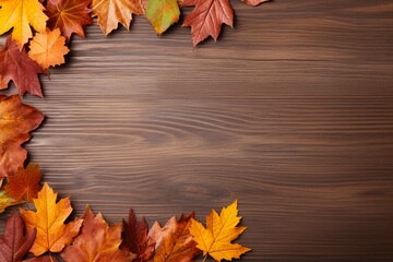 Naklejka na ściany i meble Autumn Leaves Circle on Wooden Background with Copy Space