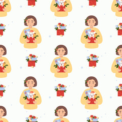 Christmas seamless pattern. Cute woman with funny dog New Year gifts and balls on white background. Vector illustration