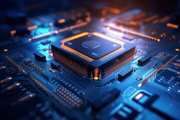 Futuristic central processor unit. Powerful Quantum CPU motherboard. - obrazy, fototapety, plakaty