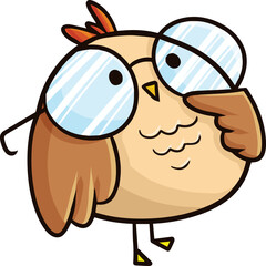 Cute and funny brown fat bird with eyeglasses in thinking pose cartoon illustration