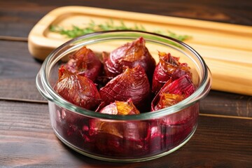 oven-roasted beets in a bake-safe glass dish with lid on a wooden surface - Powered by Adobe