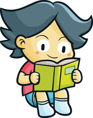 Funny boy sit down and reading book cartoon illutration