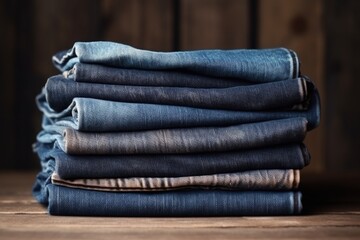 stack of folded denim jeans arranged vertically - obrazy, fototapety, plakaty