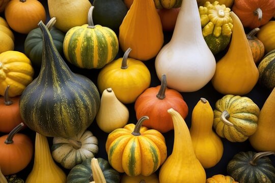 close-up of various shapes of colorful gourds