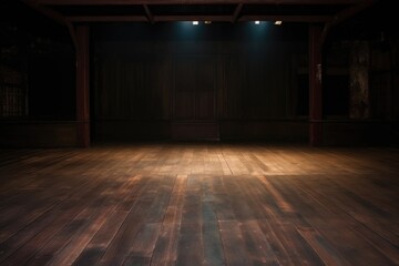 empty stage with old wooden floorboards under dim light - obrazy, fototapety, plakaty