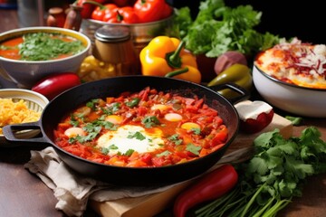 shakshuka surrounded by raw ingredients like eggs, tomatoes, and bell peppers