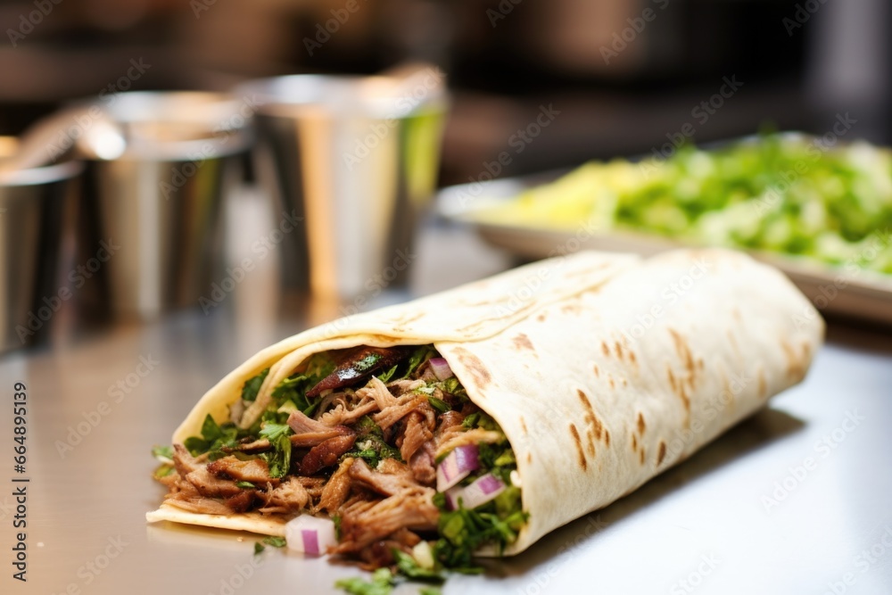 Poster shawarma being wrapped up in a kitchen