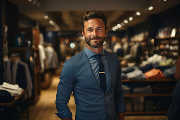 Business sales, handsome stylish male salesman in a men's clothing store - obrazy, fototapety, plakaty
