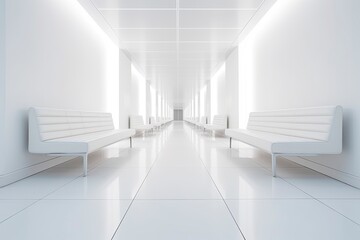 Obraz premium Interior design of a modern luxurious white building corridor or hallway with waiting seat.