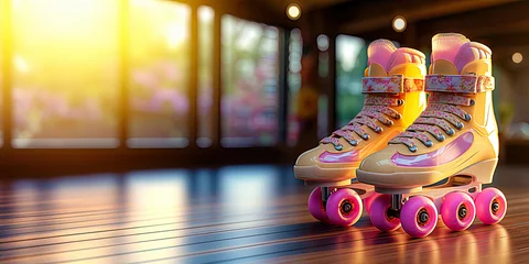 Fotobehang Yellow & pink roller skates in the park. A place where they teach you how to roller skate. Quad rollers with pink wheels on a wooden floor. Roller skates for sale, safety brands. Roller derby © Colourful-background