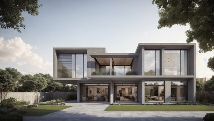 Fototapeta na wymiar rendering of a modern house with a large patio and a large glass door