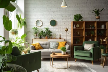 Interior of living room with sofas, tables, and houseplants.