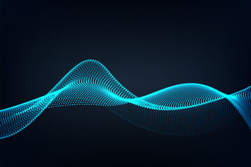 Abstract particle array, wave flowing over dark background. Vector shiny dots effect.