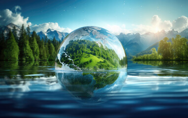 Glass globe in the in nature. Protecting the earth's water resources,, environmental protection concept. - obrazy, fototapety, plakaty