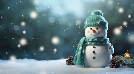 Snowman and christmas decoration on wooden table. Christmas background.