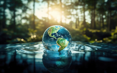 Glass globe in the in nature. Protecting the earth's water resources,, environmental protection concept.