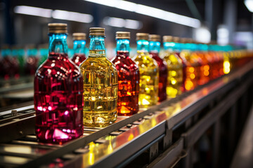 Juice bottles with fruit on a conveyor belt, beverage factory operates a production line,...