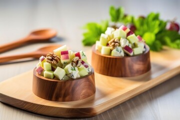 tossing waldorf salad with a pair of wooden salad servers