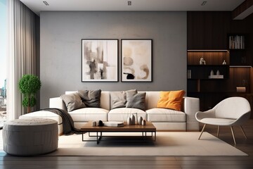 Modern living room with sofa and furniture.