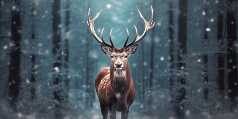 Noble deer male in the winter snow forest. Artistic winter Christmas landscape.