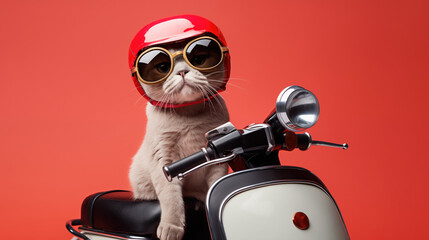 A white cat wearing helmet and goggles sitting on motorcycle.
