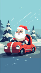 Père Noël conduisant une voiture de sport dans la forêt