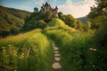 Path leading to magical castle perched on a hill amidst lush meadows and shrubs. Generative AI - obrazy, fototapety, plakaty
