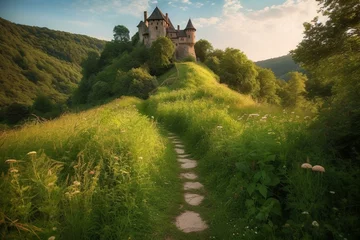 Foto op Aluminium Path leading to magical castle perched on a hill amidst lush meadows and shrubs. Generative AI © Arvid