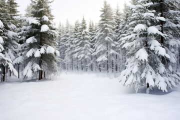 snow covering pine trees in a wintry forest landscape