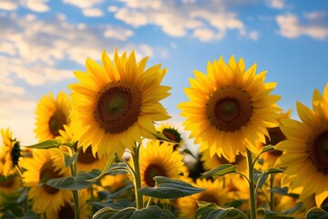 Sunflowers turning toward the sun in the soft morning light.