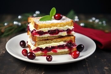 sandwich with cranberries on a white plate, dark surface