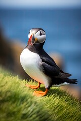 Naklejka premium Puffin bird on a green grass patch.