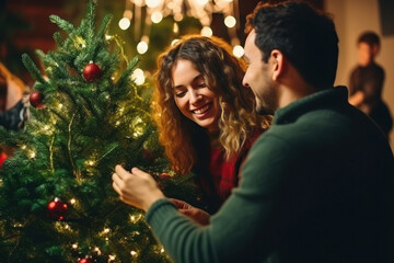 Loved couple enjoying Christmas holidays together at home.