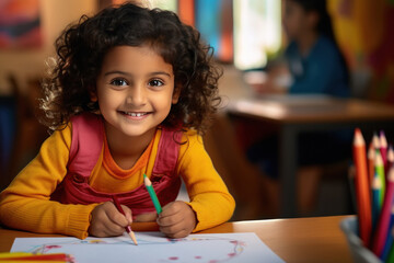 Indian little girl doing drawing homework at home - obrazy, fototapety, plakaty
