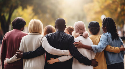 Group of mix race people hugging each other in the park supporting each other symbolizing unity, back view - obrazy, fototapety, plakaty