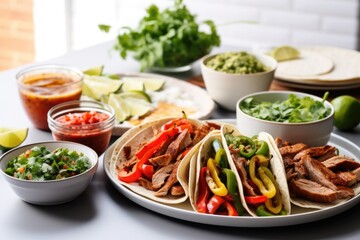plated fajitas with separate bowls of toppings - obrazy, fototapety, plakaty