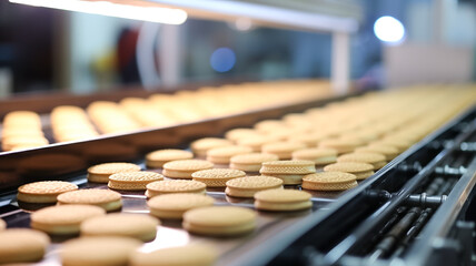 Production line of baking cookies. Biscuits on conveyor belt in confectionery factory. Production line at the bakery. Food Industry.
