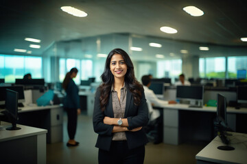 Successful young Indian businesswoman standing in office