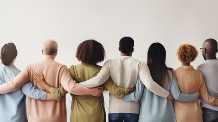Group of mix race people hugging each other supporting each other symbolizing unity, back view