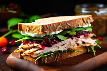 a fresh sandwich with turkey and cranberry sauce - obrazy, fototapety, plakaty