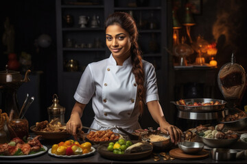 Fototapeta na wymiar Indian female chef cooking in hotel kitchen