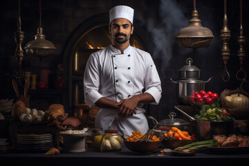 Indian male chef cooking foods in hotel kitchen - obrazy, fototapety, plakaty